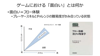 ゲームにおける「面白い」とは何か
• 面白い＝フロー体験
• プレーヤースキルとチャレンジの難易度がかみ合っている状態
 