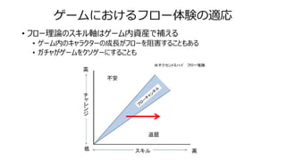 ゲームにおけるフロー体験の適応
• フロー理論のスキル軸はゲーム内資産で補える
• ゲーム内のキャラクターの成長がフローを阻害することもある
• ガチャがゲームをクソゲーにすることも
 