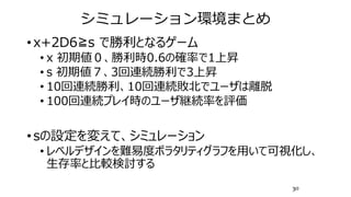 シミュレーション環境まとめ
• x+2D6≧s で勝利となるゲーム
• x 初期値０、勝利時0.6の確率で1上昇
• s 初期値７、3回連続勝利で3上昇
• 10回連続勝利、10回連続敗北でユーザは離脱
• 100回連続プレイ時のユーザ継続率を評価
• sの設定を変えて、シミュレーション
• レベルデザインを難易度ボラタリティグラフを用いて可視化し、
生存率と比較検討する
30
 