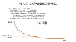 ランキングの報酬設計手法
• ランキング＝オークションシステムだと考える
• 配布物の価値＝ランキングのボーダーラインの課金額
• レアカードであれば、そのレアカードの価値が決定する
• ユーザはガチャを回すよりも安いから、イベントに参加していると仮定する
• イベント課金額が下がってきているのであればカードの強さ、絵柄が足りない
• ガチャでの排出期待値と比較して、ランキングの価値が適当かどうかを考える
• カード価値が下がってきていると分かったら、インフレさせることを考える
課金額
順位
ランキング報酬で
レアカード配布
ボーダーライン
の課金額
 