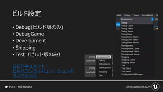 #UE4Osaka
ビルド設定
&bull; Debug(ビルド版のみ)
&bull; DebugGame
&bull; Development
&bull; Shipping
&bull; Test（ビルド版のみ）
公式ドキュメント：
ビルドコンフィギュレーションの
リファレンズ
 