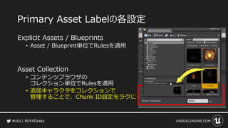 #UE4Osaka
Primary Asset Labelの各設定
Explicit Assets / Blueprints
&bull; Asset / Blueprint単位でRulesを適用
Asset Collection
&bull; コンテンツブラウザの
コレクション単位でRulesを適用
&bull; 追加キャラクタをコレクションで
管理することで、Chunk ID設定をラクに
 