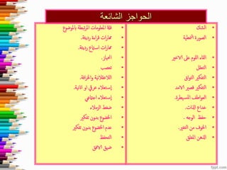 •‫ابملوضوع‬ ‫تبطة‬‫ر‬‫امل‬ ‫املعلومات‬ ‫قةل‬
•‫رديئة‬ ‫اءة‬‫ر‬‫ق‬ ‫ات‬‫ر‬‫هما‬.
•‫رديئة‬ ‫امتع‬‫اس‬ ‫ات‬‫ر‬‫هما‬.
•‫احنياز‬.
•‫تعصب‬
•‫افة‬‫ر‬‫اخل‬‫و‬ ‫نية‬‫ال‬‫الالعق‬.
•‫نية‬‫ان‬‫ا‬ ‫او‬ ‫عريق‬ ‫تعالء‬‫س‬‫ا‬.
•‫اجامتعي‬ ‫تعالء‬‫س‬‫ا‬
•‫الزمالء‬ ‫ضغط‬
•‫تفكري‬ ‫بدون‬ ‫اخلضوع‬
•‫تفكري‬ ‫بدون‬ ‫اخلضوع‬ ‫عدم‬
•‫التحفظ‬
•‫الافق‬ ‫ضيق‬
•‫الشك‬
•‫منطية‬‫ل‬‫ا‬ ‫الصورة‬
•‫الاخري‬ ‫عىل‬ ‫للوم‬‫ا‬ ‫القاء‬
•‫التعقل‬
•‫اق‬‫و‬‫الت‬ ‫التفكري‬
•‫الامد‬ ‫قصري‬ ‫التفكري‬
•‫يطرة‬‫املس‬ ‫اطف‬‫و‬‫الع‬.
•‫اذلات‬ ‫خداع‬.
•‫الوجه‬ ‫حفظ‬.
•‫التغري‬ ‫من‬ ‫اخلوف‬.
•‫اذلهن‬‫املغلق‬
‫الشائعة‬ ‫الحواجز‬
 