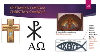 ΧΡΙΣΤΙΑΝΙΚΑ ΣΥΜΒΟΛΑ
CHRISTIAN SYMBOLS
26
Ο Χριστός Παντοκράτορας
Christ Pantocrator
ΙΧΘΥΣ
(ψάρι):
Ιησούς
Χριστός
Θεού Υιός
Σωτήρ
The Fish
(from the
greek
word
ΙΧΘΥΣ)
 