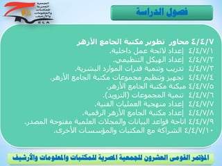 4/4/7‫األزهر‬ ‫الجامع‬ ‫مكتبة‬ ‫تطوير‬ ‫محاور‬
4/4/7/1‫داخلية‬ ‫عمل‬ ‫الئحة‬ ‫إعداد‬.
4/4/7/2‫التنظيمي‬ ‫الهيكل‬ ‫إعداد‬.
4/4/7/3‫البشرية‬ ‫الموارد‬ ‫قدرات‬ ‫وتنمية‬ ‫تدريب‬.
4/4/7/4‫األزهر‬ ‫الجامع‬ ‫مكتبة‬ ‫مجموعات‬ ‫وتنظيم‬ ‫تجهيز‬.
4/4/7/5‫األزهر‬ ‫الجامع‬ ‫مكتبة‬ ‫ميكنة‬.
4/4/7/6‫المجموعات‬ ‫تنمية‬(‫التزويد‬.)
4/4/7/7‫الفنية‬ ‫العمليات‬ ‫منهجية‬ ‫إعداد‬.
4/4/7/8‫الرقمية‬ ‫األزهر‬ ‫الجامع‬ ‫مكتبة‬ ‫إعداد‬.
4/4/7/9‫المصدر‬ ‫مفتوحة‬ ‫العلمية‬ ‫والمجالت‬ ‫البيانات‬ ‫قواعد‬ ‫اتاحة‬.
4/4/7/10‫األخرى‬ ‫والمؤسسات‬ ‫المكتبات‬ ‫مع‬ ‫الشراكة‬.
‫الدراسة‬ ‫فصول‬
‫و‬ ‫واملعلومات‬ ‫للمكتبات‬ ‫املصرية‬ ‫للجمعية‬ ‫العشرون‬ ‫القومى‬ ‫املؤمتر‬‫األرشيف‬
 