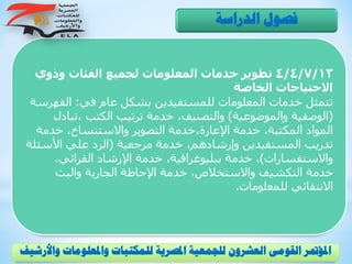 4/4/7/13‫وذوي‬ ‫الفئات‬ ‫لجميع‬ ‫المعلومات‬ ‫خدمات‬ ‫تطوير‬
‫الخاصة‬ ‫االحتياجات‬
‫في‬ ‫عام‬ ‫بشكل‬ ‫للمستفيدين‬ ‫المعلومات‬ ‫خدمات‬ ‫تتمثل‬:‫الف‬‫هرسة‬
(‫والموضوعية‬ ‫الوصفية‬)‫،تب‬ ‫الكتب‬ ‫ترتيب‬ ‫خدمة‬ ،‫والتصنيف‬‫ادل‬
‫خدمة‬ ،‫واالستنساخ‬ ‫التصوير‬ ‫اإلعارة،خدمة‬ ‫خدمة‬ ،‫المكتبة‬ ‫المواد‬
‫مرجعية‬ ‫خدمة‬ ،‫وإرشادهم‬ ‫المستفيدين‬ ‫تدريب‬(‫األسئ‬ ‫علي‬ ‫الرد‬‫لة‬
‫واالستفسارات‬)،‫القرائي‬ ‫اإلرشاد‬ ‫خدمة‬ ،‫ببليوغرافية‬ ‫خدمة‬ ،
‫والبث‬ ‫الجارية‬ ‫اإلحاطة‬ ‫خدمة‬ ،‫واالستخالص‬ ‫التكشيف‬ ‫خدمة‬
‫للمعلومات‬ ‫االنتقائي‬.
‫الدراسة‬ ‫فصول‬
‫و‬ ‫واملعلومات‬ ‫للمكتبات‬ ‫املصرية‬ ‫للجمعية‬ ‫العشرون‬ ‫القومى‬ ‫املؤمتر‬‫األرشيف‬
 