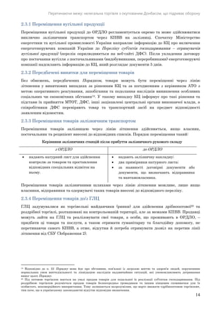 Перетинаючи межу: нелегальна торгівля з окупованим Донбасом, що підриває оборону
14
2.3.1 Переміщення вугільної продукції
Переміщення вугільної продукції до ОРДЛО регламентується окремо та може здійснюватися
виключно залізничним транспортом через КПВВ на залізниці. Спочатку Міністерство
енергетики та вугільної промисловості України направляє інформацію до КЦ про включення
енергогенеруючих компаній України до Переліку суб’єктів господарювання – отримувачів
вугільної продукції (перелік оприлюднюється на веб-сайті ДФС). Після укладення договору
про постачання вугілля з постачальниками (видобувниками, переробниками) енергогенеруючі
компанії надсилають інформацію до КЦ, який розглядає документи 5 днів.
2.3.2 Передбачені винятки для переміщення товарів
Без обмежень, передбачених Порядком, товари можуть бути переміщенні через лінію
зіткнення у виняткових випадках за рішенням КЦ та за погодженням з керівником АТО з
метою оперативного реагування, запобігання та подолання наслідків виникнення особливих
соціальних чи економічних обставин19. У такому випадку КЦ інформує про такі рішення та
підстави їх прийняття МТОТ, ДФС, інші зацікавлені центральні органи виконавчої влади, а
співробітники ДФС перевіряють товар та транспортний засіб на предмет відповідності
заявленим відомостям.
2.3.3 Переміщення товарів залізничним транспортом
Переміщення товарів залізницею через лінію зіткнення здійснюється, якщо власник,
постачальник та реципієнт внесені до відповідних списків. Порядок переміщення такий:
Керівники залізничних станцій після прибуття залізничного рухомого складу
з ОРДЛО до ОРДЛО
 надають натурний лист для здійснення
контролю за товаром та проставлення
відповідних спеціальних відміток на
ньому.
 надають залізничну накладну;
 два примірники натурного листа;
 за наявності договірні документи або
документи, що визначають відправника
та вантажовласника.
Переміщення товарів залізничними шляхами через лінію зіткнення можливе, лише якщо
власники, відправники та одержувачі таких товарів внесені до відповідного переліку.
2.3.4 Переміщення товарів до/з ГЛЦ
ГЛЦ задумувалися як торгівельні майданчики (ринки) для здійснення дрібнооптової20 та
роздрібної торгівлі, розташовані на контрольованій території, але за межами КПВВ. Продавці
можуть зайти на ГЛЦ та реалізовувати свої товари, а особи, що проживають в ОРДЛО, –
придбати ці товари та послуги, а також отримати гуманітарну та благодійну допомогу, не
перетинаючи самого КПВВ, а отже, відсутня й потреба отримувати дозвіл на перетин лінії
зіткнення від СБУ (Зображення 2).
19 Відповідно до п. 22 Порядку мова йде про обставини, пов’язані із загрозою життю та здоров’ю людей, порушенням
нормальних умов життєдіяльності та ліквідацією наслідків надзвичайних ситуацій, які унеможливлюють дотримання
вимог цього Порядку.
20 Під оптовою торгівлею мається на увазі продаж товарів для подальшої їх реалізації суб'єктам господарювання. Під
роздрібною торгівлею розуміється продаж товарів безпосередньо громадянам та іншим кінцевим споживачам для їх
особистого, некомерційного використання. Тому залишається незрозумілим, що варто вважати «дрібнооптовою торгівлею»,
тим паче, що в українському законодавстві відсутнє відповідне визначення.
 