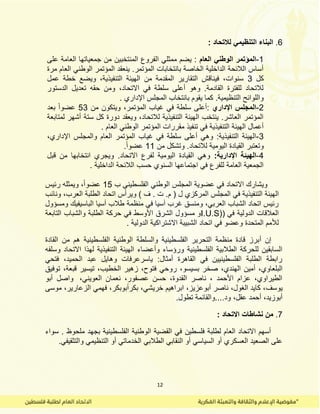 12
6.: ‫لالتحاد‬ ً‫التنظٌم‬ ‫البناء‬
1-‫العام‬ ً‫الوطن‬ ‫المؤتمر‬‫على‬ ‫العامة‬ ‫جمعٌاتها‬ ‫من‬ ‫المنتخبٌن‬ ‫الفروع‬ ً‫ممثل‬ ‫ٌضم‬ :
‫الوط‬ ‫المؤتمر‬ ‫ٌنعمد‬ .‫المؤتمر‬ ‫بانتخابات‬ ‫الخاصة‬ ‫الداخلٌة‬ ‫الالئحة‬ ‫أساس‬‫مرة‬ ‫العام‬ ً‫ن‬
‫كل‬3‫عمل‬ ‫خطة‬ ‫وٌضع‬ ،‫التنفٌذٌة‬ ‫الهٌئة‬ ‫من‬ ‫الممدمة‬ ‫التمارٌر‬ ‫فٌنالش‬ ،‫سنوات‬
‫الدستور‬ ‫تعدٌل‬ ‫حمه‬ ‫ومن‬ ،‫االتحاد‬ ً‫ف‬ ‫سلطة‬ ‫أعلى‬ ‫وهو‬ .‫المادمة‬ ‫للفترة‬ ‫لالتحاد‬
. ‫اإلداري‬ ‫المجلس‬ ‫بانتخاب‬ ‫ٌموم‬ ‫كما‬ .‫التنظٌمٌة‬ ‫واللوائح‬
2-‫اإلداري‬ ‫المجلس‬ٌ‫و‬ ،‫المؤتمر‬ ‫غٌاب‬ ً‫ف‬ ‫سلطة‬ ‫:أعلى‬‫من‬ ‫تكون‬53‫بعد‬ ً‫ا‬‫عضو‬
‫لمتابعة‬ ‫أشهر‬ ‫ستة‬ ‫كل‬ ‫دورة‬ ‫وٌعمد‬ ،‫لالتحاد‬ ‫التنفٌذٌة‬ ‫الهٌئة‬ ‫ٌنتخب‬ .‫العاشر‬ ‫المؤتمر‬
. ‫العام‬ ً‫الوطن‬ ‫المؤتمر‬ ‫ممررات‬ ‫تنفٌذ‬ ً‫ف‬ ‫التنفٌذٌة‬ ‫الهٌئة‬ ‫أعمال‬
3-،‫اإلداري‬ ‫والمجلس‬ ‫العام‬ ‫المؤتمر‬ ‫غٌاب‬ ً‫ف‬ ‫سلطة‬ ‫أعلى‬ ً‫وه‬ :‫التنفٌذٌة‬ ‫الهٌئة‬
ٌ‫الٌوم‬ ‫المٌادة‬ ‫وتعتبر‬‫من‬ ‫وتشكل‬ .‫لالتحاد‬ ‫ة‬11.ً‫ا‬‫عضو‬
4-:‫اإلدارٌة‬ ‫الهٌئة‬‫لبل‬ ‫من‬ ‫انتخابها‬ ‫وٌجري‬ .‫االتحاد‬ ‫لفرع‬ ‫الٌومٌة‬ ‫المٌادة‬ ً‫وه‬
. ‫الداخلٌة‬ ‫الالئحة‬ ‫حسب‬ ‫السنوي‬ ‫اجتماعها‬ ً‫ف‬ ‫للفرع‬ ‫العامة‬ ‫الجمعٌة‬
‫ب‬ ً‫الفلسطٌن‬ ً‫الوطن‬ ‫المجلس‬ ‫عضوٌة‬ ً‫ف‬ ‫االتحاد‬ ‫وٌشارن‬15‫رئٌس‬ ‫وٌمثله‬ ،ً‫ا‬‫عضو‬
ٌ‫التنفٌذ‬ ‫الهٌئة‬‫ونائب‬ ،‫العرب‬ ‫الطلبة‬ ‫اتحاد‬ ‫وٌرأس‬ ) ‫ف‬ . ‫ت‬ .‫م‬ ( ‫ل‬ ‫المركزي‬ ‫المجلس‬ ً‫ف‬ ‫ة‬
‫ومسؤول‬ ‫الباسٌفٌن‬ ‫آسٌا‬ ‫طالب‬ ‫منظمة‬ ً‫ف‬ ‫آسٌا‬ ‫غرب‬ ‫ومنسك‬ ،ً‫العرب‬ ‫الشباب‬ ‫اتحاد‬ ‫رئٌس‬
ً‫ف‬ ‫الدولٌة‬ ‫العاللات‬((I.U.S‫و‬‫التابعة‬ ‫والشباب‬ ‫الطلبة‬ ‫حركة‬ ً‫ف‬ ‫األوسط‬ ‫الشرق‬ ‫مسؤول‬
‫اتحاد‬ ً‫ف‬ ‫وعضو‬ ‫المتحدة‬ ‫لألمم‬. ‫الدولٌة‬ ‫االشتراكٌة‬ ‫الشبٌبة‬
‫إن‬‫أ‬‫المادة‬ ‫من‬ ‫هم‬ ‫الفلسطٌنٌة‬ ‫الوطنٌة‬ ‫والسلطة‬ ‫الفلسطٌنٌة‬ ‫التحرٌر‬ ‫منظمة‬ ‫لادة‬ ‫برز‬
‫وسلفه‬ ‫االتحاد‬ ‫لهذا‬ ‫التنفٌذٌة‬ ‫الهٌئة‬ ‫وأعضاء‬ ‫ورؤساء‬ ‫الفلسطٌنٌة‬ ‫الطالبٌة‬ ‫للحركة‬ ‫السابمٌن‬
ً‫فتح‬ ،‫الحمٌد‬ ‫عبد‬ ‫وهاٌل‬ ‫ٌاسرعرفات‬ :‫أمثال‬ ‫الماهرة‬ ً‫ف‬ ‫الفلسطٌنٌٌن‬ ‫الطلبة‬ ‫رابطة‬
‫الهند‬ ‫أمٌن‬ ،‫البلعاوي‬،‫ي‬،‫بسٌسو‬ ‫صخر‬‫توفٌك‬ ،‫لبعة‬ ‫تٌسٌر‬ ،‫الخطٌب‬ ‫زهٌر‬ ،‫فتوح‬ ً‫روح‬
،ً‫العوٌن‬ ‫نعمان‬ ،‫عصفور‬ ‫حسن‬ ،‫المدوة‬ ‫ناصر‬ ، ‫األحمد‬ ‫عزام‬ ،‫الطٌراوي‬‫أبو‬ ‫واصل‬
‫ٌوسف‬‫الزعارٌر‬ ً‫فهم‬ ،‫بكرأبوبكر‬ ،ً‫خرٌش‬ ‫ابراهٌم‬ ،‫أبوعزٌز‬ ‫ناصر‬ ،‫الغول‬ ‫كاٌد‬ ،‫موسى‬ ،
‫عمل‬ ‫أحمد‬ ،‫أبوزٌد‬.‫ود‬ ،.‫تطول‬ ‫...والمائمة‬
7.‫نش‬ ‫من‬: ‫االتحاد‬ ‫اطات‬
‫سواء‬ . ‫ملحوظ‬ ‫بجهد‬ ‫الفلسطٌنٌة‬ ‫الوطنٌة‬ ‫المضٌة‬ ً‫ف‬ ‫فلسطٌن‬ ‫لطلبة‬ ‫العام‬ ‫االتحاد‬ ‫أسهم‬
.ً‫والتثمٌف‬ ً‫التنظٌم‬ ‫أو‬ ً‫الخدمات‬ ً‫الطالب‬ ً‫النماب‬ ‫أو‬ ً‫السٌاس‬ ‫أو‬ ‫العسكري‬ ‫الصعٌد‬ ‫على‬
 