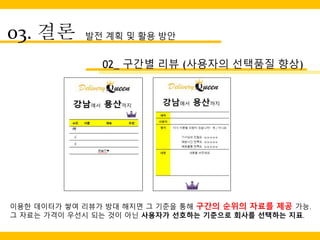 03. 결론 발전 계획 및 활용 방안
02_ 구간별 리뷰 (사용자의 선택품질 향상)
이용한 데이터가 쌓여 리뷰가 방대 해지면 그 기준을 통해 구간의 순위의 자료를 제공 가능.
그 자료는 가격이 우선시 되는 것이 아닌 사용자가 선호하는 기준으로 회사를 선택하는 지표.
 