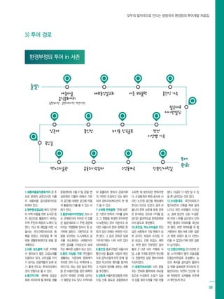 모두의 발자국으로 만드는 방방곡곡 환경정의 투어개발 자료집
09
환경부정의 투어 in 서촌
3) 투어 경로
세종마을
음식문화거리
(금천교시장, 금천다리시장, 적선시장)
박노수미술관 윤동주하숙집터
체부동성결교회 서촌 보도블럭
인왕산자락길
통인정상촌재 누하동 한옥골목 청전
이상범 가옥
홍건익 가옥
수성동계곡
필운대로
카이먼빌딩
옥인길
출발!
투어
완료!
1.세종마을음식문화거리 관 주
도로 본래의 금천교시장 이름
이 세종마을 음식문화거리로
바뀌어 있다.
2.체부동성결교회 매각 이전부
터 지역 아동을 위한 도서관 등
의 공간으로 활용되기 바라는
지역 주민의 희망과 노력이 있
었다. 지난 해 매입을 마친 서
울시는 우수건축자산으로 등
록을 마쳤고, 리모델링 후 ‘체
부동 생활문화센터’로 문을 열
계획이다.
3.서촌 보도블럭 다른 지역에
서 찾아보기 힘든 고급소재를
사용하고 있다. 고유성을 지키
기 보다는 관광객들의 눈에 보
기 좋게 만드는 투어리피케이
션의 전형으로 볼 수 있다.
4.홍건익가옥 체부동 성결교
회에 자리하게 될 체부동 생활
문화센터와 6월 21일 문을 연
상촌재와 더불어 관에서 기존
의 공간을 대체한 공간을 어떻
게 활용하는가를 볼 수 있는 사
례가 된다.
5.필운대로카이먼빌딩 20m 고
도 규제에 따라 지어진 이 건물
은 필운대로와 그 주변 경관에
미치는 악영향에 있어서 첫 손
가락에 꼽힌다. 기본적으로 개
발을 우선하는 도시계획과 금
지를 최소화하는 규제방식이
어떤 결과를 가져오는지 보여
주는 뼈아픈 교훈이 되고 있다.
6.청전 이상범 가옥 주민들이
생활하는 가운데에 문화재가
자리한 것이 다소 어색하게 느
껴지기도 하는 것은 동네 주민
중 한 사람이었을 청전 화백의
공간이 박제된 것처럼 남아있
기 때문일 수도 있다. 지역사회
와 호흡하지 못하고 관광지화
의 기반만 조성하고 있는 셈이
되어 관트리피케이션의 한 예
가 될 수 있다.
7.누하동 한옥골목 ‘한옥 보존’
은 기존의 한옥의 가치를 살피
고 그 원형을 최대한 유지하면
서 보존하는 것이 기본이다. 하
지만 서울시의 한옥 정책은 한
옥이 있던 곳에는 한옥만 지으
면 된다. 그 결과, 한옥은 실제
거주하기에는 너무 비싼 집이
되어버렸다.
8.통인정 종로구청은 서울시의
통인시장 활성화 사업의 예산
으로 갑작스럽게 아무 문제 없
었던 파고라와 벤치를 철거하
고 지금의 정자를 세우는 계획
을 추진했다.
9.상촌재 서울지방경찰청 어린
이집 신축 용도로 경찰청에서
소유한 채 방치되던 한옥이었
다. 수성동계곡 복원 공사로 사
라진 노인정 공간을 확보해야
한다는 의견도 있었다. 결국 서
울시의 한옥 보존에 맞춰 한옥
은 유지하는 것으로 가닥을 잡
았지만 결과적으로 한옥문화센
터의 용도로 개관했다.
10.옥인길, 박노수미술관 옥인
길은 서촌에서 가장 변화가 심
한 곳이다. 보일러 수리점, 우
유 보급소, 신문 보급소, 세탁
소, 학원 등이 전부였던 길이
불과 2~3년 사이 카페와 식
당, 소품 가게로 완전히 변신했
다. 전형적인 상업 젠트리피케
이션이었다.
11.윤동주하숙집터 시인 윤동
주는 연희에 통학하며 하숙할
집으로 누상동의 소설가 김송
의 집을 찾아 6개월 가량 머물
렀다. 지금은 그 터만 알 수 있
을 뿐 남아있는 것은 없다.
12.수성동계곡 옥인아파트가
철거되면서 신축을 위해 잘려
나가고 파인 바위들이 드러났
고, 겸재 정선의 그림 ‘수성동’
에 따라 나무를 심으면서 인위
적인 풍경이 아파트를 대신하
게 됐다. 과연 아파트를 꼭 철
거했어야 했는가에 대한 질문
과 복원 과정이 좀 더 자연스
러울 수 없었는가에 대한 질문
이 남겨졌다.
13.인왕산자락길 2015년에 인
왕 스카이웨이 옆의 오솔길을
인왕산자락길로 조성했다. 능
선과 계곡을 굽이굽이 돌면서
길 밖을 살펴보면 무리하게 인
왕산이라는 자연이 인간에 의
해 학대받은 상처들을 곳곳에
서 확인하게 된다.
 