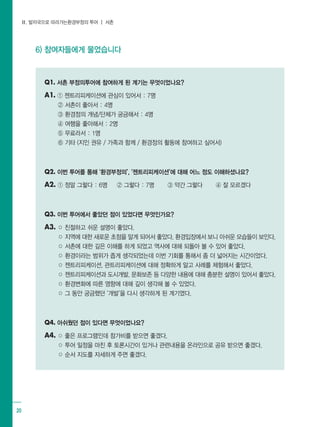 Ⅱ. 발자국으로 따라가는환경부정의 투어 ┃ 서촌
20
6) 참여자들에게 물었습니다
Q1. 서촌 부정의투어에 참여하게 된 계기는 무엇이었나요?
A1. ① 젠트리피케이션에 관심이 있어서 : 7명
② 서촌이 좋아서 : 4명
③ 환경정의 개념/단체가 궁금해서 : 4명
④ 여행을 좋아해서 : 2명
⑤ 무료라서 : 1명
⑥ 기타 (지인 권유 / 가족과 함께 / 환경정의 활동에 참여하고 싶어서)
Q2. 이번 투어를 통해 ‘환경부정의’, ‘젠트리피케이션’에 대해 어느 정도 이해하셨나요?
A2. ① 정말 그렇다 : 6명 ② 그렇다 : 7명 ③ 약간 그렇다 ④ 잘 모르겠다
Q3. 이번 투어에서 좋았던 점이 있었다면 무엇인가요?
A3. ○ 친절하고 쉬운 설명이 좋았다.
○ 지역에 대한 새로운 초점을 알게 되어서 좋았다. 환경입장에서 보니 아쉬운 모습들이 보인다.
○ 서촌에 대한 깊은 이해를 하게 되었고 역사에 대해 되돌아 볼 수 있어 좋았다.
○ 환경이라는 범위가 좁게 생각되었는데 이번 기회를 통해서 좀 더 넓어지는 시간이었다.
○ 젠트리피케이션, 관트리피케이션에 대해 정확하게 알고 사례를 체험해서 좋았다.
○ 젠트리피케이션과 도시개발, 문화보존 등 다양한 내용에 대해 충분한 설명이 있어서 좋았다.
○ 환경변화에 따른 영향에 대해 깊이 생각해 볼 수 있었다.
○ 그 동안 궁금했던 ‘개발’을 다시 생각하게 된 계기였다.
Q4. 아쉬웠던 점이 있다면 무엇이었나요?
A4. ○ 좋은 프로그램인데 참가비를 받으면 좋겠다.
○ 투어 일정을 마친 후 토론시간이 있거나 관련내용을 온라인으로 공유 받으면 좋겠다.
○ 순서 지도를 자세하게 주면 좋겠다.
 