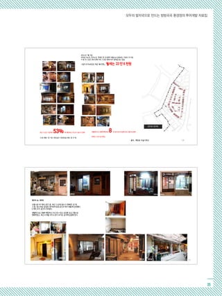 모두의 발자국으로 만드는 방방곡곡 환경정의 투어개발 자료집
35
2014 vs. 2016
신흥시장 47 개의 공간 중, 최근 2 년새 용도가 변화한 22 개.
그중, 창고혹은공실로 방치되어있던공간8 개가새롭게단장했다.
5 개의 주거 공간이사라졌다.
생활형 프로그램에 해당하는 8 곳 중 4 곳은 유입형 프로그램으로
변화하였고, 최근 6 개월 사이 6 곳이 추가로 공사해 입점해 있다.
19
2014 년 7 월 기준.
파악된 저소득, 독거노인, 장애인 등 주거취약 계층으로 분류되는 가정이 15 가정.
이 중 두 2 곳은 2016 년에 이주, 3 곳은 현재 이주 압박을 받고 있음.
그들의 주거보증금은 평균 380 만원. 월세는 22 만 6 천원
최근 2 년간 시장에서 53% 에 해당되는 25 곳이 용도가 변화
(시장 레벨 1 층 기준. 화장실과 시장광장을 제외. 총 47 개)
생활형프로그램에 해당하는 8 곳 중4 곳은 유입형프로그램으로 변화
현재도 5 곳이 공사중임
출처_ 해방촌 마을기록단 18
 