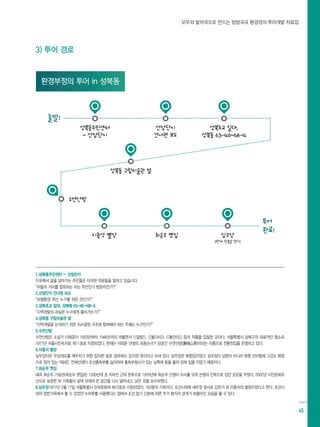 모두의 발자국으로 만드는 방방곡곡 환경정의 투어개발 자료집
45
성북동주민센터
~ 선잠단지
선잠단지
건너편 보도
성북초교 일대,
성북동 63-46~68-4
이종석 별장 최순우 옛집 심우장
(만해 한용운 생가)
성북동 구립미술관 옆
투어
완료!
수연산방
출발!
1.성북동주민센터 ~ 선잠단지
이곳에서 삶을 살아가는 주민들은 이러한 의문들을 말하고 있습니다.
“마을의 거리를 점유하는 자는 주민인가 방문자인가?”
2.선잠단지 건너편 보도
“보행환경 개선, 누구를 위한 것인가?”
3.성북초교 일대, 성북동 63-46~68-4
“지역개발의 과실은 누구에게 돌아가는가?”
4.성북동 구립미술관 옆
“지역개발을 논의하기 위한 의사결정 구조에 참여해야 하는 주체는 누구인가?”
5.수연산방
수연산방은 소설가 이태준이 1933년부터 1946년까지 머물면서 달밤, 돌다리, 황진이 등의 작품을 집필한 곳이다. 서울특별시 성북구의 대표적인 명소로
1977년 서울시민속자료 제11호로 지정되었다. 현재는 이태준 선생의 외종손녀가 당호인 수연산방(壽硯山房)이라는 이름으로 전통찻집을 운영하고 있다.
6.이종석 별장
심우장이란 '무상대도를 깨우치기 위한 집'이란 말로 '공부하는 집'이란 뜻이라고 쓰여 있다. 심우장은 북향집이었다. 심우장이 남향이 아니라 북향 산비탈에 그것도 북향
으로 앉아 있는 까닭은, 만해선생이 조선총독부를 싫어하여 총독부청사가 있는 남쪽에 등을 돌려 앉혀 집을 지었기 때문이다.
7.최순우 옛집
혜곡 최순우 기념관(최순우 옛집)은 1930년대 초 지어진 근대 한옥으로 1976년에 최순우 선생이 이사를 오며 선생의 안목으로 집안 곳곳을 꾸몄다. 2002년 시민문화유
산으로 보존한 뒤 가족들이 살며 덧대어 쓴 공간을 다시 덜어내고, 낡은 곳을 보수하였다.
8.심우장1977년 3월 17일 서울특별시 민속문화재 제10호로 지정되었다. 183평의 가옥이다. 조선시대에 새우젓 장사로 갑부가 된 이종석의 별장이었다고 한다. 조선시
대의 양반가옥에서 볼 수 있었던 누마루를 사용했다는 점에서 조선 말기 신분에 따른 주거 형식의 경계가 허물어진 모습을 볼 수 있다.
3) 투어 경로
환경부정의 투어 in 성북동
 