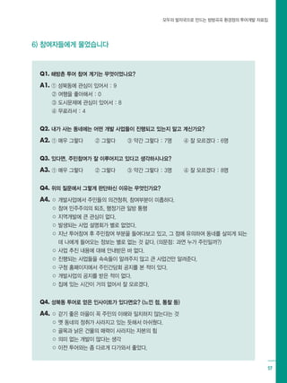 모두의 발자국으로 만드는 방방곡곡 환경정의 투어개발 자료집
57
Q1. 해방촌 투어 참여 계기는 무엇이었나요?
A1. ① 성북동에 관심이 있어서 : 9
② 여행을 좋아해서 : 0
③ 도시문제에 관심이 있어서 : 8
④ 무료라서 : 4
Q2. 내가 사는 동네에는 어떤 개발 사업들이 진행되고 있는지 알고 계신가요?
A2. ① 매우 그렇다 ② 그렇다 ③ 약간 그렇다 : 7명 ④ 잘 모르겠다 : 6명
Q3. 있다면, 주민참여가 잘 이루어지고 있다고 생각하시나요?
A3. ① 매우 그렇다 ② 그렇다 ③ 약간 그렇다 : 3명 ④ 잘 모르겠다 : 8명
Q4. 위의 질문에서 그렇게 판단하신 이유는 무엇인가요?
A4. ○ 개발사업에서 주민들의 의견청취, 참여부분이 미흡하다.
○ 참여 민주주의의 퇴조, 행정기관 일방 통행
○ 지역개발에 큰 관심이 없다.
○ 발생되는 사업 설명회가 별로 없었다.
○ 지난 투어참여 후 주민참여 부분을 들여다보고 있고, 그 점에 유의하여 동네를 살피게 되는
데 나에게 들어오는 정보는 별로 없는 것 같다. (의문점: 과연 누가 주민일까?)
○ 사업 추진 내용에 대해 안내받은 바 없다.
○ 진행되는 사업들을 속속들이 알려주지 않고 큰 사업건만 알려준다.
○ 구청 홈페이지에서 주민간담회 공지를 본 적이 있다.
○ 개발사업의 공지를 받은 적이 없다.
○ 집에 있는 시간이 거의 없어서 잘 모르겠다.
Q4. 성북동 투어로 얻은 인사이트가 있다면요? (느낀 점, 통찰 등)
A4. ○ 걷기 좋은 마을이 꼭 주민의 이해와 일치하지 않는다는 것
○ 옛 동네의 정취가 사라지고 있는 듯해서 아쉬웠다.
○ 골목과 낡은 건물의 매력이 사라지는 자본의 힘
○ 의미 없는 개발이 많다는 생각
○ 이전 투어와는 좀 다르게 다가와서 좋았다.
6) 참여자들에게 물었습니다
 