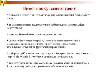 відповідне теоретичне підґрунтя має визначати науковий рівень змісту
уроку;
за умови належного наукового рівня забезпечувати оптимальність
змісту уроку;
урок має бути містким, але не перевантаженим;
урізноманітнювати види робіт, методи та прийоми навчання й
викладання, організаційні форми уроку, широко поєднувати
індивідуальні, групові та фронтальні форми роботи;
добирати суб’єктивно значущу для учнів інформацію, тексти художніх
творів і різноманітні мовленнєві зразки для наслідування;
забезпечувати інтенсивну мовленнєву практику учнів, цілеспрямовану
й систематичну роботу над розвитком зв’язного мовлення;
Вимоги до сучасного уроку
 