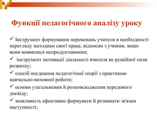 Функції педагогічного аналізу уроку
 Інструмент формування переконань учителя в необхідності
перегляду методики своєї праці, відносин з учнями, якщо
вони виявилися непродуктивними;
 інструмент мотивації діяльності вчителя як рушійної сили
розвитку;
 спосіб поєднання педагогічної теорії з практикою
навчально-виховної роботи;
 основи узагальнення й розповсюдження передового
досвіду;
 можливість ефективно формувати й розвивати зв'язки
наступності;
 