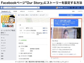 Facebookページ｢Our Story｣にストーリーを設定する方法
イーンスパイア（株）横田秀珠の著作権を尊重しつつ、是非ノウハウをシェアしよう！ 1
 