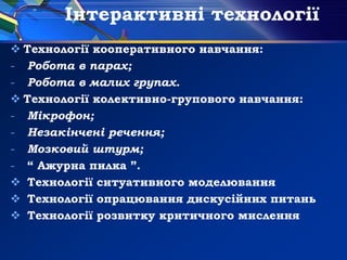 Інтерактивні технології
 Технології кооперативного навчання:
- Робота в парах;
- Робота в малих групах.
 Технології колективно-групового навчання:
- Мікрофон;
- Незакінчені речення;
- Мозковий штурм;
- “ Ажурна пилка ”.
 Технології ситуативного моделювання
 Технології опрацювання дискусійних питань
 Технології розвитку критичного мислення
 