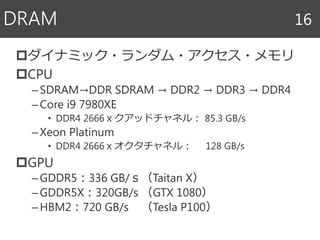 ダイナミック・ランダム・アクセス・メモリ
CPU
–SDRAM→DDR SDRAM → DDR2 → DDR3 → DDR4
–Core i9 7980XE
• DDR4 2666ｘクアッドチャネル： 85.3 GB/s
–Xeon Pla...