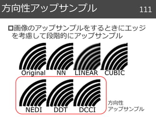 画像のアップサンプルをするときにエッジ
を考慮して段階的にアップサンプル
方向性アップサンプル 111
方向性
アップサンプル
 