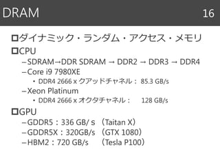 ダイナミック・ランダム・アクセス・メモリ
CPU
–SDRAM→DDR SDRAM → DDR2 → DDR3 → DDR4
–Core i9 7980XE
• DDR4 2666ｘクアッドチャネル： 85.3 GB/s
–Xeon Platinum
• DDR4 2666ｘオクタチャネル： 128 GB/s
GPU
–GDDR5：336 GB/ｓ（Taitan X）
–GDDR5X：320GB/s （GTX 1080）
–HBM2：720 GB/s （Tesla P100）
DRAM 16
 