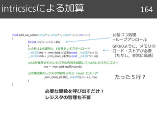 intricsicsによる加算 164
void add_sse_uchar(uchar* a, uchar* b, uchar* dest, int num)
{
for(int i=0;i<num;i+=16)
{
//メモリ上の配列A，Bを各をレジスタへロード
__m128i ma = _mm_load_si128((const __m128i*)(a+i));
__m128i mb = _mm_load_si128((const __m128i*)(b+i));
//A,Bが保持されたレジスタの内容を加算してmaのレジスタにコピー
ma = _mm_add_epi8(ma,mb);
//計算結果のレジスタ内容をメモリ（dest）にストア
_mm_store_si128((__m128i*)(dest+i), ma);
}
}
必要な関数を呼び出すだけ！
レジスタの管理も不要
GPUのように，メモリの
ロード・ストアが必要
（ただし，非常に高速）
16個づつ処理
→ループアンロール
たった５行？
 