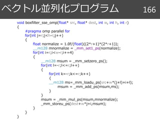 ベクトル並列化プログラム 166
void boxfilter_sse_omp(float* src, float* dest, int w, int h, int r)
{
#pragma omp parallel for
for(int j=r;j<h-r;j++)
{
float normalize = 1.0f/(float)((2*r+1)*(2*r+1));
__m128 mnormalize = _mm_set1_ps(normalize);
for(int i=r;i<w-r;i+=4)
{
__m128 msum = _mm_setzero_ps();
for(int l=-r;l<=r;l++)
{
for(int k=-r;k<=r;k++)
{
__m128 ms=_mm_loadu_ps(src+w*(j+l)+i+l);
msum = _mm_add_ps(msum,ms);
}
}
msum = _mm_mul_ps(msum,mnormalize);
_mm_storeu_ps(dest+w*j+i,msum);
}
}
}
 