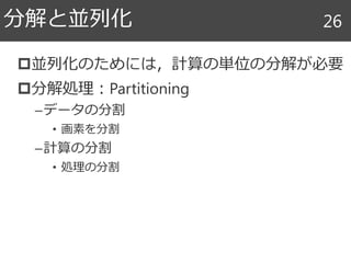 並列化のためには，計算の単位の分解が必要
分解処理：Partitioning
–データの分割
• 画素を分割
–計算の分割
• 処理の分割
分解と並列化 26
 
