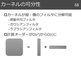 カーネルが縦・横のフィルタに分解可能
–移動平均フィルタ
–ガウシアンフィルタ
–ラプラシアンフィルタ
計算オーダーがO(r2)からO(r)に
カーネルの可分性 68
＊＝
 