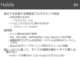 以下を定義する関数型プログラミング言語
– 何を計算するのか
• アルゴリズム：Func
– いつどこでどのように実行するのか
• スケジュール：Schedule
特徴
– C++に組み込む形で使用
– SSE，AVX (x86)，NEON(ARM), Cuda, OpenCLに出力可能
– 画像処理プログラムを並列化・ベクトル化済みのコードとし
て出力
– OpenCVのディープラーニング用のモジュールに搭載
C++などと違って，すべての演算を細かくすべて書く必
要がない
– Forループを書かなくてよいCudaプログラムに近い
Halide 84
 