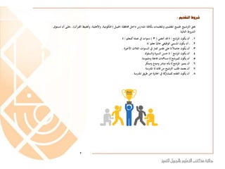 ‫شروط‬‫التقديم‬:
ْ‫ق‬‫ُي‬ْ‫ل‬‫ةْاجلبي‬‫لْحمافظ‬‫ْداخ‬ ‫دار‬‫ةْامل‬‫اتْبكاف‬‫نيْواملعلم‬‫عْاملعلم‬‫يجلْجلمي‬‫الرتش‬(‫ْال‬ ‫ي‬‫ف‬ ‫ة،ْو‬‫ة،ْواألهلي‬‫احلكومي‬‫رآن‬‫ق‬)ْ،،ْ ‫تو‬‫ىْأنْتس‬‫عل‬
‫الشروطْالتالية‬:
.ْ‫أنْيكونْاملرشجل‬ 1ْ/ْ‫ةْقدْأمضى‬ْ(3ْ)ْ‫سنواتْيفْعملهْكمعلم‬ْ/‫ة‬.
.ْ‫ْمعلم‬‫ْأنْيكونْاملسمىْالوظيفيْحاليا‬ 2/‫ة‬.
.ْ‫أنْيكونْحاصل‬ 3/ْ‫ةْعلىْتقديرْممتازْيفْالسنواتْالثلثْاألخرية‬.
.ْ‫أنْيكونْاملرشجل‬ 4ْ/ْ‫ةْحسنْالسريةْوالسلوك‬.
.ْ‫أنْيكون‬ 5‫للمرشجل‬/ْ‫ة‬‫مسامهاتْفاعلةْوملموسة‬.
.ْ‫أنْيتميز‬ 6‫املرشجل‬/ْ‫ة‬‫أبنهْمبادرْومبدعْومبتكر‬
.‫أنْيعتمدْطلبْالرتشيجلْمنْقائد‬ 7/ْ‫ةْاملدرسة‬.
.ْ‫يقْاملدرسة‬‫ر‬‫كةْيفْاجلائزةْعنْط‬‫أنْيكونْالتقدمْللمشار‬ 8.
2
 