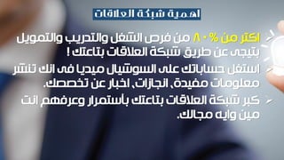 ‫من‬ ‫اكتر‬%80‫والتمويل‬ ‫والتدريب‬ ‫الشغل‬ ‫فرص‬ ‫من‬
‫عن‬ ‫بتيجى‬‫طريق‬‫بتاعتك‬ ‫العالقات‬ ‫شبكة‬!
‫فى‬ ‫ميديا‬ ‫السوشيال‬ ‫على‬ ‫حساباتك‬ ‫استغل‬‫تن‬ ‫انك‬‫شر‬
‫عن‬ ‫اخبار‬ ،‫انجازات‬ ،‫مفيدة‬ ‫معلومات‬‫تخصصك‬.
‫كبر‬‫بتاعتك‬ ‫العالقات‬ ‫شبكة‬‫انت‬ ‫وعرفهم‬ ‫بأستمرار‬
‫وايه‬ ‫مين‬‫مجالك‬.
 