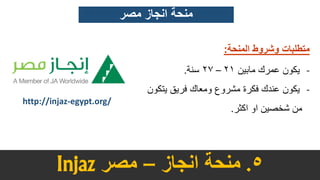 5.‫انجاز‬ ‫منحة‬–‫مصر‬Injaz
http://injaz-egypt.org/
‫المنحة‬ ‫وشروط‬ ‫متطلبات‬:
-‫مابين‬ ‫عمرك‬ ‫يكون‬21–27‫سنة‬.
-‫يتك‬ ‫فريق‬ ‫ومعاك‬ ‫مشروع‬ ‫فكرة‬ ‫عندك‬ ‫يكون‬‫ون‬
‫اكثر‬ ‫او‬ ‫شخصين‬ ‫من‬.
‫مصر‬ ‫انجاز‬ ‫منحة‬
 