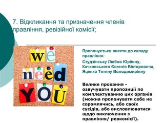7. Відкликання та призначення членів
правління, ревізійної комісії;
Велике прохання -
озвучувати пропозиції по
комплектуванню цих органів
(можна пропонувати себе не
соромлячись, або своїх
сусідів, або висловлюватися
щодо виключення з
правління/ ревкомісії).
Пропонується ввести до складу
правління:
Студзінську Любов Юріївну,
Качковського Євгенія Вікторовича,
Яценко Тетяну Володимирівну
 