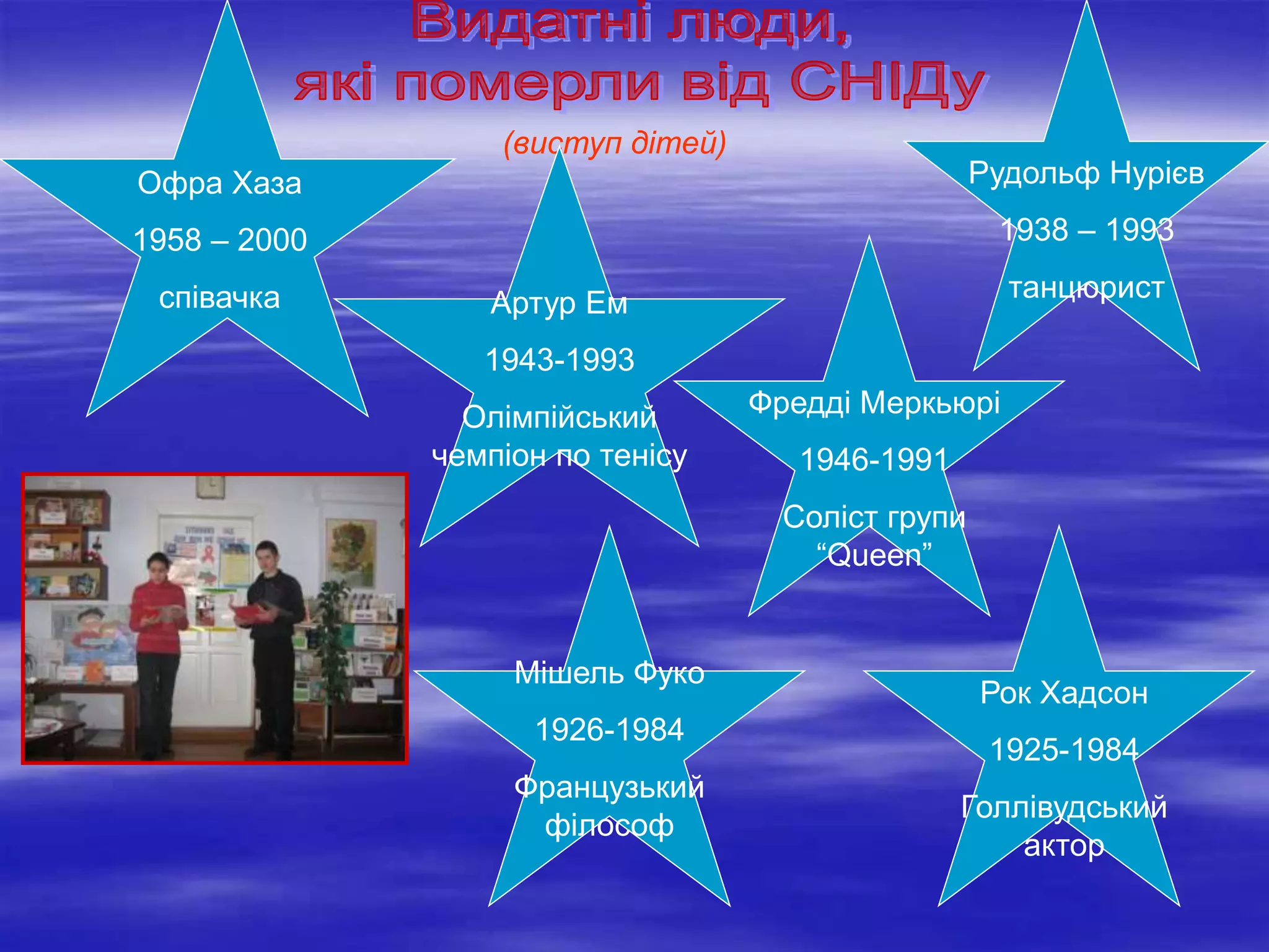 (виступ дітей)
Офра Хаза
1958 – 2000
співачка Артур Ем
1943-1993
Олімпійський
чемпіон по тенісу
Рудольф Нурієв
1938 – 1993
танцюрист
Фредді Меркьюрі
1946-1991
Соліст групи
“Queen”
Мішель Фуко
1926-1984
Французький
філософ
Рок Хадсон
1925-1984
Голлівудський
актор
 
