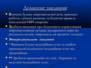 Домашнє завданняДомашнє завдання::
 ВВивчити будову мікрохвильової печі, принципивчити будову мікрохвильової печі, принцип
роботи у різних режимах та безпечні правилароботи у різних режимах та безпечні правила
експлуатації НВЧ апаратівексплуатації НВЧ апаратів;;
 ЗЗробити висновки про безпечність користуванняробити висновки про безпечність користування
мікрохвильовими печами, відокремити міфи відмікрохвильовими печами, відокремити міфи від
реального впливу мікрохвиль на організм людиниреального впливу мікрохвиль на організм людини;;
 Випереджувальне завданняВипереджувальне завдання::
 * Вивчити будову індукційних плит та знайти* Вивчити будову індукційних плит та знайти
принципові відмінності індукційних плит відпринципові відмінності індукційних плит від
традиційних.традиційних.
 **** Зробити презентацію по темі : Переваги таЗробити презентацію по темі : Переваги та
недоліки індукційних плит.недоліки індукційних плит.

 