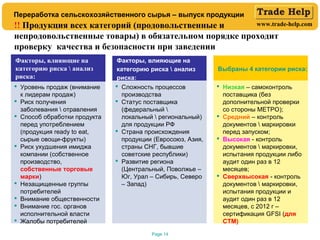 www.trade-help.com
Page 14
 Уровень продаж (внимание
к лидерам продаж)
 Риск получения
заболевания  отравления
 Способ обработки продукта
перед употреблением
(продукция ready to eat,
сырые овощи-фрукты)
 Риск ухудшения имиджа
компании (собственное
производство,
собственные торговые
марки)
 Незащищенные группы
потребителей
 Внимание общественности
 Внимание гос. органов
исполнительной власти
 Жалобы потребителей
 Низкая – самоконтроль
поставщика (без
дополнительной проверки
со стороны МЕТРО);
 Средний – контроль
документов  маркировки
перед запуском;
 Высокая - контроль
документов  маркировки,
испытания продукции либо
аудит один раз в 12
месяцев;
 Сверхвысокая - контроль
документов  маркировки,
испытания продукции и
аудит один раз в 12
месяцев, с 2012 г –
сертификация GFSI (для
СТМ)
 Сложность процессов
производства
 Статус поставщика
(федеральный 
локальный  региональный)
для продукции РФ
 Страна происхождения
продукции (Евросоюз, Азия,
страны СНГ, бывшие
советские республики)
 Развитие региона
(Центральный, Поволжье –
Юг, Урал – Сибирь, Северо
– Запад)
!! Продукция всех категорий (продовольственные и
непродовольственные товары) в обязательном порядке проходит
проверку качества и безопасности при заведении
Факторы, влияющие на
категорию риска  анализ
риска:
Выбраны 4 категории риска:
Факторы, влияющие на
категорию риска  анализ
риска:
Переработка сельскохозяйственного сырья – выпуск продукции
 