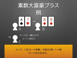素数大富豪プラス
例
A
4
♠
7
♥
→
B
8
♦
9
♦
→
C
マークが一緒なので
2-1=1枚引く
よって、Cは(カード枚数、今回は2枚)-1=1枚
カードを引きます。
 