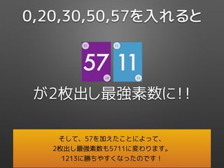 11
11
11
57
57
57
が2枚出し最強素数に！！
0,20,30,50,57を入れると
そして、57を加えたことによって、
2枚出し最強素数も5711に変わります。
1213に勝ちやすくなったのです！
 