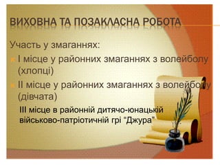 ВИХОВНА ТА ПОЗАКЛАСНА РОБОТА
Участь у змаганнях:
 І місце у районних змаганнях з волейболу
(хлопці)
 ІІ місце у районних змаганнях з волейболу
(дівчата)
ІІІ місце в районній дитячо-юнацькій
військово-патріотичній грі “Джура”
 