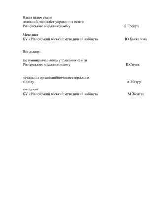 Наказ підготували
головний спеціаліст управління освіти
Рівненського міськвиконкому Л.Грекул
Методист
КУ «Рівненський міський методичний кабінет» Ю.Кінжалова
Погоджено:
заступник начальника управління освіти
Рівненського міськвиконкому К.Сичик
начальник організаційно-інспекторського
відділу А.Мазур
завідувач
КУ «Рівненський міський методичний кабінет» М.Жовтан
 