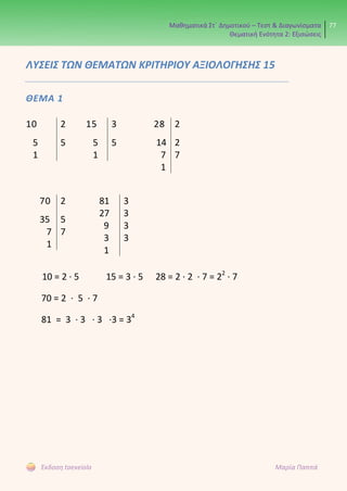 Μαθηματικά Στ΄ Δημοτικού – Τεστ & Διαγωνίσματα
Θεματική Ενότητα 2: Εξισώσεις
77
Έκδοση taexeiola Μαρία Παππά
ΛΥΣΕΙΣ ΤΩΝ ΘΕΜΑΤΩΝ ΚΡΙΤΗΡΙΟΥ ΑΞΙΟΛΟΓΗΣΗΣ 15
ΘΕΜΑ 1
28
14
7
1
2
2
7
81
27
9
3
1
3
3
3
3
10 = 2 ∙ 5 15 = 3 ∙ 5 28 = 2 ∙ 2 ∙ 7 = 22
∙ 7
70 = 2 ∙ 5 ∙ 7
81 = 3 ∙ 3 ∙ 3 ∙3 = 34
10
5
1
2
5
15
5
1
3
5
70
35
7
1
2
5
7
 