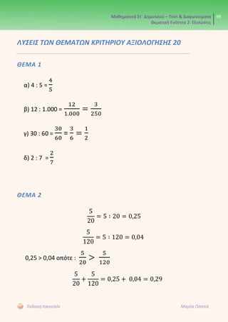 Μαθηματικά Στ΄ Δημοτικού – Τεστ & Διαγωνίσματα
Θεματική Ενότητα 2: Εξισώσεις
99
Έκδοση taexeiola Μαρία Παππά
ΛΥΣΕΙΣ ΤΩΝ ΘΕΜΑΤΩΝ ΚΡΙΤΗΡΙΟΥ ΑΞΙΟΛΟΓΗΣΗΣ 20
ΘΕΜΑ 1
α) 4 : 5 =
4
5
β) 12 : 1.000 =
12
1.000
=
3
250
γ) 30 : 60 =
30
60
=
3
6
=
1
2
δ) 2 : 7 =
2
7
ΘΕΜΑ 2
5
20
= 5 ∶ 20 = 0,25
5
120
= 5 ∶ 120 = 0,04
0,25 > 0,04 οπότε :
5
20
>
5
120
5
20
+
5
120
= 0,25 + 0,04 = 0,29
 
