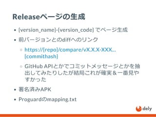 Releaseページの生成
{version_name}-{version_code} でページ生成
前バージョンとのdiffへのリンク
https://{repo}/compare/vX.X.X-XXX...
{commithash}
GitHub APIとかでコミットメッセージとかを抽
出してみたりしたが結局これが確実＆一番見や
すかった
署名済みAPK
Proguardのmapping.txt
 