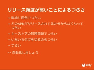 リリース頻度が高いことによるつらさ
単純に面倒でつらい
どのAPKがリリースされてるか分からなくなって
つらい
キーストアの管理問題でつらい
いちいちタグを切るのもつらい
つらい
=> 自動化しましょう
 