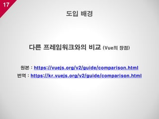 17
다른 프레임워크와의 비교 (Vue의 장점)
원본 : https://vuejs.org/v2/guide/comparison.html
번역 : https://kr.vuejs.org/v2/guide/comparison.html
도입 배경
 