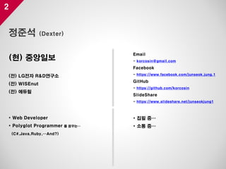 2
정준석 (Dexter)
(현) 중앙일보
(전) LG전자 R&D연구소
(전) WISEnut
(전) 에듀윌
Email
- korcosin@gmail.com
Facebook
- https://www.facebook.com/junseok.jung.1
GitHub
- https://github.com/korcosin
SlideShare
- https://www.slideshare.net/junseokjung1
* Web Developer
* Polyglot Programmer 를 꿈꾸는…
(C#,Java,Ruby,…And?)
* 집필 중…
* 소통 중…
 