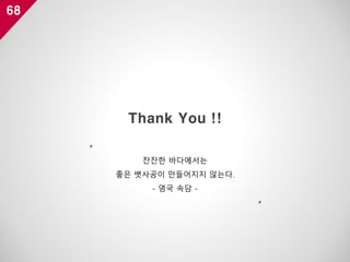 68
Thank You !!
〃
잔잔한 바다에서는
좋은 뱃사공이 만들어지지 않는다.
- 영국 속담 -
〃
 