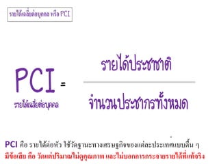 PCI คือ รายได้ต่อหัว ใช้วัดฐานะทางเศรษฐกิจของแต่ละประเทศแบบตื้น ๆ
มีข้อเสีย คือ วัดแต่ปริมาณไม่ดูคุณภาพและไม่บอกการกระจายรายได้ที่แท้จริง
 