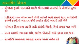 સામાજિક વવકાસ
- બીજાના હુકમો માનવાને બદલે પોતાનાથી નાનાઓ કે નોકરોને હુકમ
કરે
- વડીલોની વાત બાંધન લાગે તેથી વડીલો સાથે સાંઘર્ષથ થાય, વડીલોની
કથની-કરનીમાાં તફાવત િોઈ ક્યારેક સીધો બળવો કરી બેસે
- પકરવાર વસવાયના સભ્યો સાથે સાંબાંધો વવકસે, તેમાાં સમય પણ આપે
- નાના બાળકો રમાડવા ગમે, ક્યારેક પોતાની સાથે ફરવા લઇ જાય
- સામાજિક સભાનતા આવતા સમાિ માન્ય વતથન કરે
 